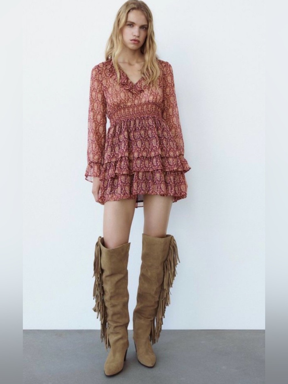Zara Ruffle Print Mini Dress Long Sleeve V Neck Paisley Floral Tiered Sz S